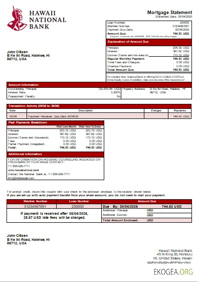 Hawaii Hawaii National Bank relevé hypothécaire bancaire scr